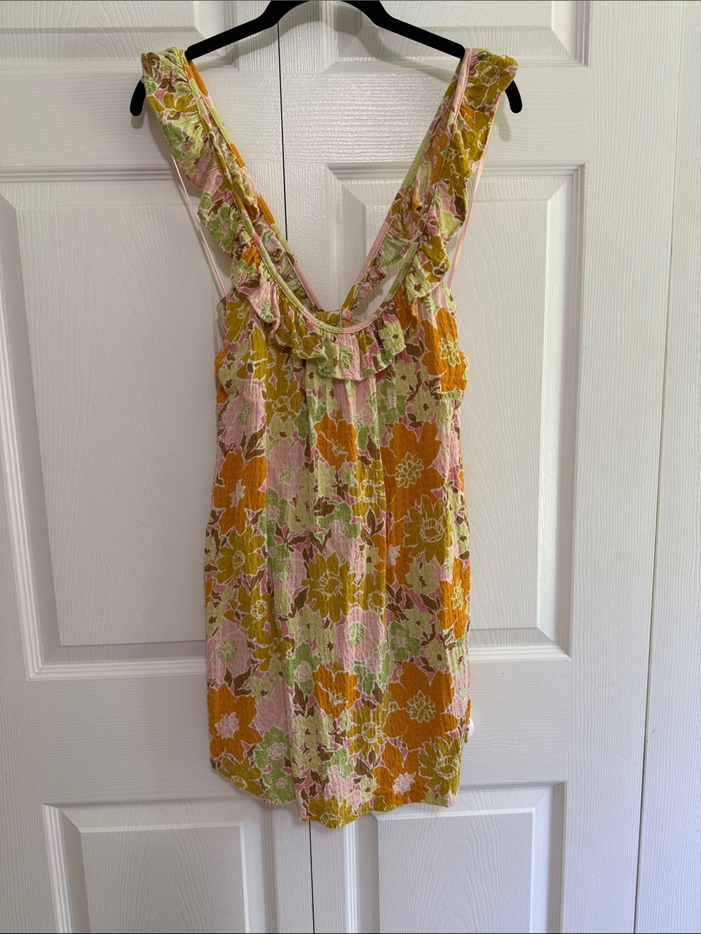 Urban Outfitters Floral Ruffle V-Neck Chemise - Pink, Green & Orange
